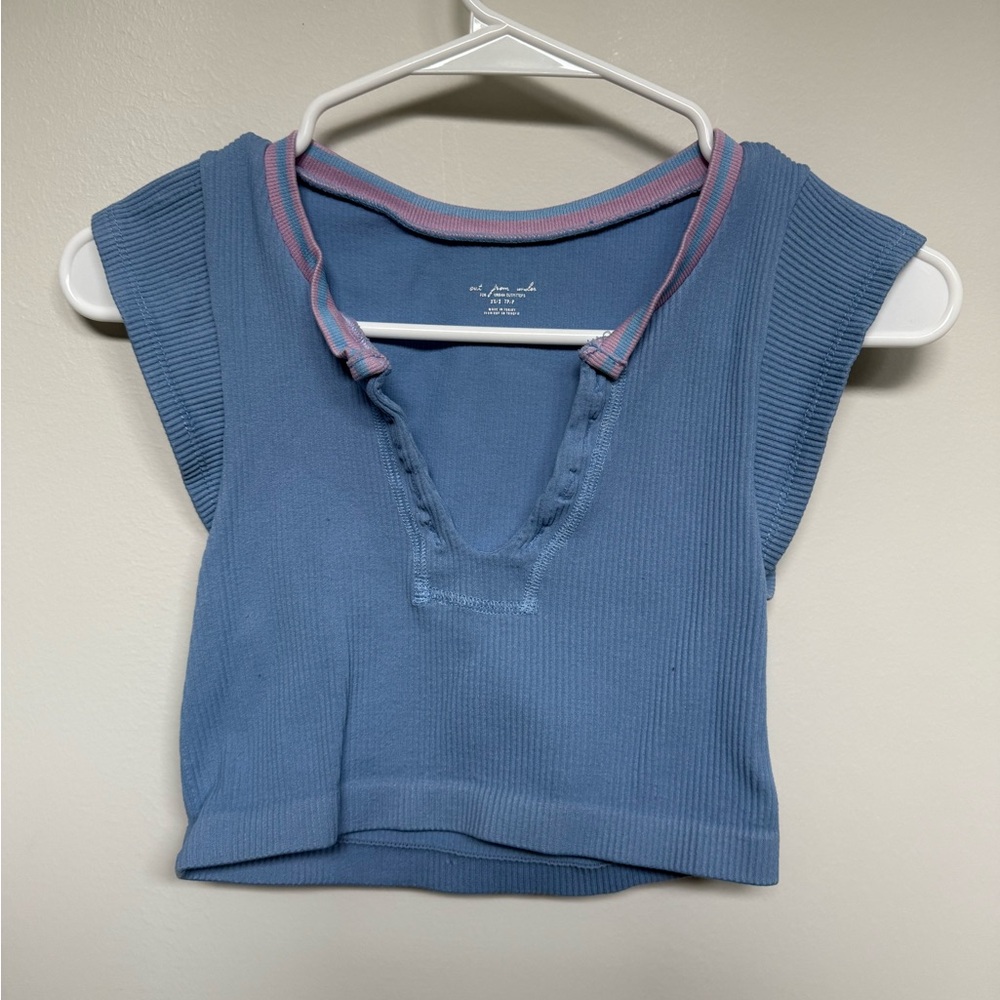 Urban Outfitters Blue Ribbed Top with Pink Trim